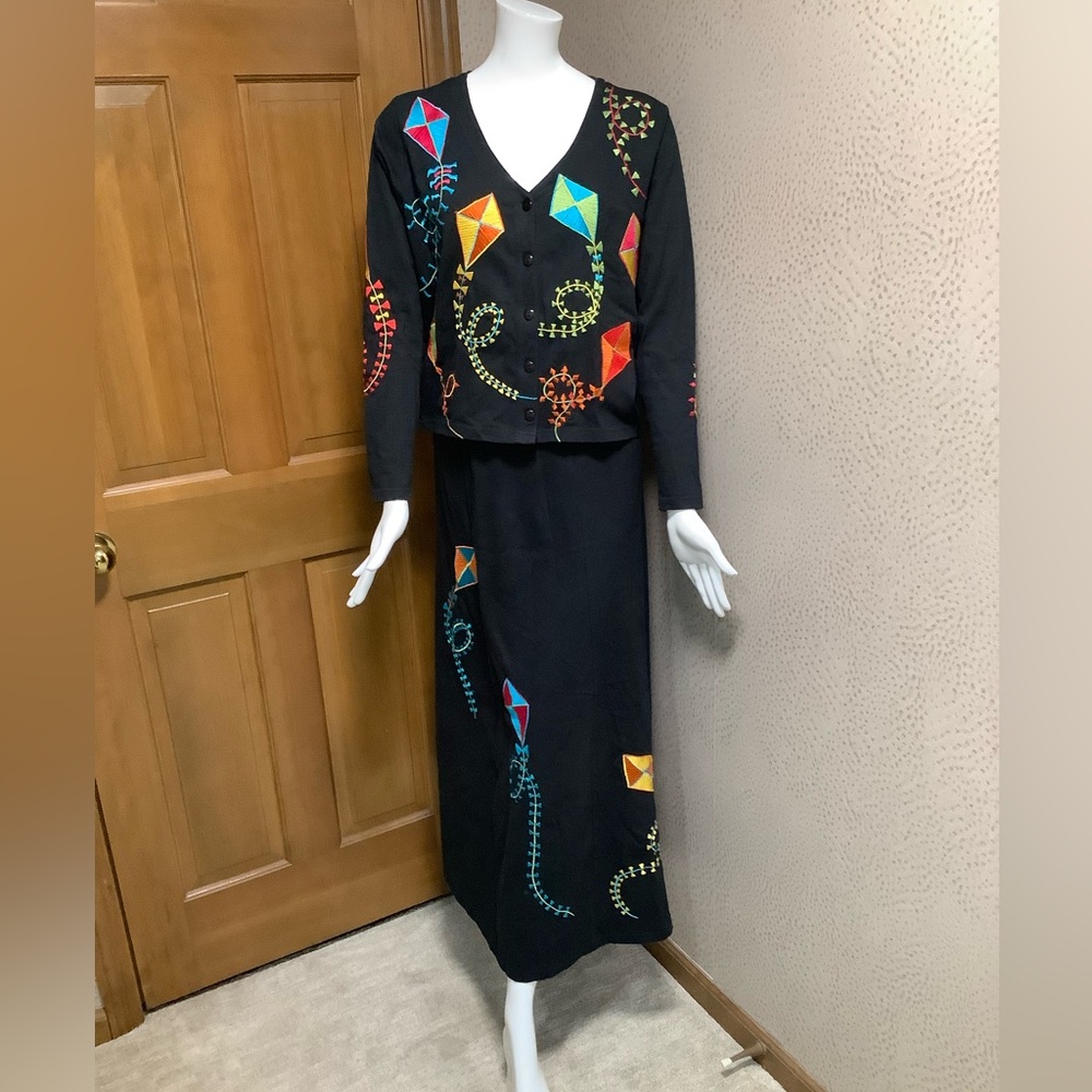 Vintage 90s Michael Simon Lite black cardigan with skirt, flying kite.
